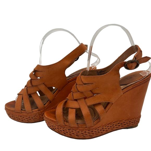 Frye Brown Leather Corrina Strappy Weave Wedge Platform Heels Size 8 - Picture 5 of 10